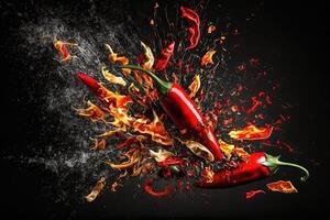 rood Chili peper exploderend met poeder over- zwart achtergrond illustratie generatief ai foto