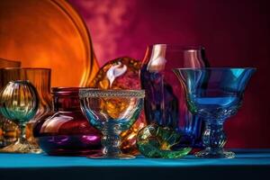 nog steeds leven met glas voorwerpen Aan een veelkleurig achtergrond illustratie generatief ai foto