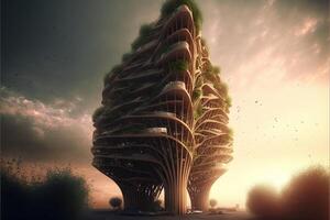 bamboe houten wolkenkrabber van de toekomst illustratie generatief ai foto