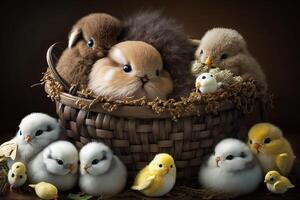 mand van chocola Pasen eieren, omringd door klein pluizig kuikens en pluche konijntjes illustratie generatief ai foto