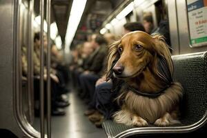 een hond dier Aan nieuw york stad metro ondergronds metro trein illustratie generatief ai foto