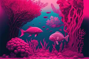 magenta oceaan met magenta dieren onderwater- illustratie generatief ai foto