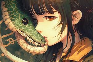 mooi meisje zoenen een slang, manga stijl anime karakter illustratie generatief ai foto