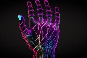 kunstmatig hand- Open palm met kleurrijk strings illustratie generatief ai foto