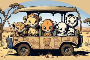 baby safari dieren in jeep illustratie generatief ai foto