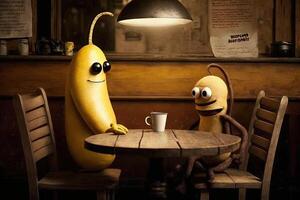 banaan en worst hebben gesprek in een restaurant illustratie generatief ai foto