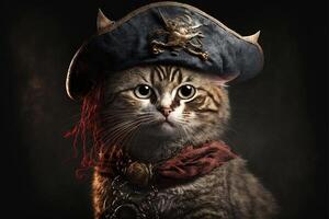 kat piraat gezagvoerder vervelend een tricorn hoed illustratie generatief ai foto