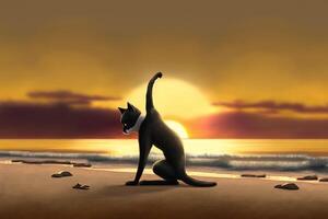 kat beoefenen yoga Aan de strand Bij zonsondergang illustratie generatief ai foto