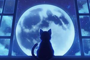 anime kat op zoek Bij de maan Aan sterrenhemel nacht illustratie generatief ai foto