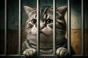 verdrietig kat in gevangenis zit achter een metaal bars en looks Bij de camera illustratie generatief ai foto