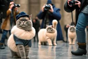 kat Aan de catwalk poseren een mode model- vervelend exclusief jurk illustratie generatief ai foto