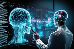 geneeskunde medisch technologie en futuristische concept. een dokter aanraken elektronisch medisch Vermelding Aan virtueel scherm, hersenen analyse, dna. generatief ai foto