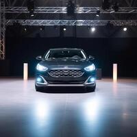 ai generatief visie van een algemeen en merk minder modern auto Aan de presentatie stadium achtergrond foto