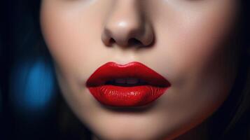 vrouw gezicht. hoog mode, aantrekkingskracht detailopname lippen van mooi Kaukasisch jong vrouw model. perfect schoon huid met kleurrijk rood lippen en lippenstift. ai generatief foto