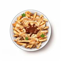 poutine is een schotel van gebakken aardappelen en kaas vlokken, en bekroond met dik saus. ai gegenereerd. foto