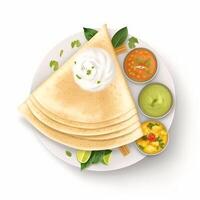 dosa of tosai is een pannenkoek van zuiden Indië. rijst- en zwart linzen, sloeg, maken een dik en glad Plakken met een sprenkeling van zout. ai gegenereerd. foto