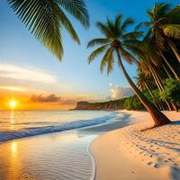 visie van de strand met kokosnoot bomen Bij zonsondergang. gegenereerd ai. foto