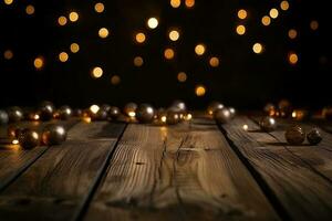 Kerstmis bokeh achtergrond, houten achtergrond met bokeh, bruin rustiek hout - backdrop voor Product presentatie, foto