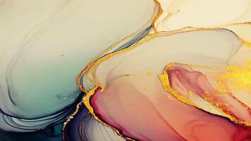 abstract vloeistof verf digitaal papier, vloeistof kunst paars en goud schitteren met alcohol inkt techniek ai gegenereerd foto