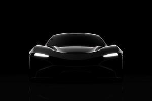 voorkant visie donker silhouet van een modern sport zwart auto geïsoleerd Aan zwart achtergrond. ai gegenereerd foto