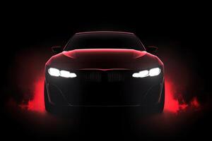 voorkant visie donker silhouet van een modern luxe rood auto geïsoleerd Aan donker achtergrond met rood neon licht en rook. ai gegenereerd foto