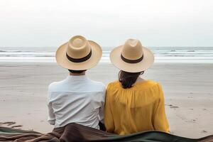 een paar zittend Aan een strand. zoet paar gelukkig kom tot rust genieten liefde en romantisch moment. ai gegenereerd foto