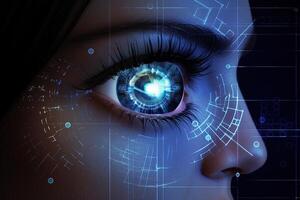 macro oog met hoog technologie voor futuristische virtueel realiteit. concept van biometrisch en netvlies scannen en persoonlijk gegevens veiligheid. ai gegenereerd foto