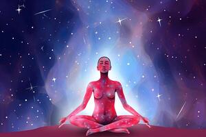 een vrouw mediteren onder een heelal lucht. ai gegenereerd foto