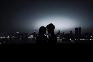 silhouet van een romantisch jong paar genieten van de stad nachtlandschap. ai gegenereerd foto