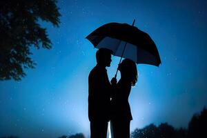 silhouet een paar staand onder een paraplu in de regen. ai gegenereerd foto