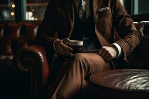 dichtbij omhoog. jong Mens in werk kleren met heet koffie in een cafe foto