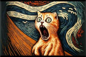de figuur van een schreeuwen kat Aan de brug knabbelen parodie illustratie generatief ai foto