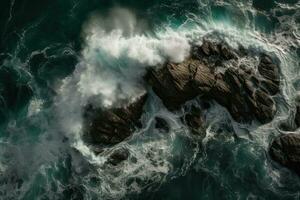 antenne visie van golven crashen tegen de rotsen in de oceaan. foto