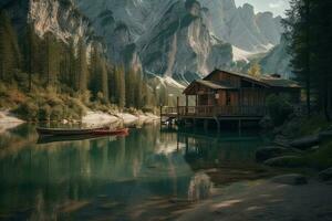 houten hut Aan meer braies in dolomieten, Italië foto