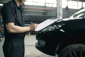 dichtbij omhoog monteur Holding klembord van onderhoud instructies werken in reparatie onderhoud garage foto