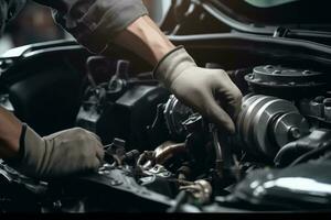 auto monteur werken Aan auto gebroken motor in mechanica onderhoud of garage. vervoer onderhoud moersleutel detia foto