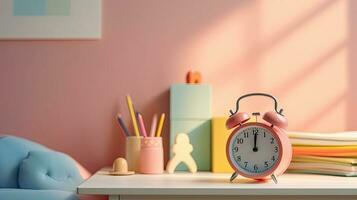 dichtbij omhoog foto kinderen bureau met lezing boek, potlood, alarm klok met kopiëren ruimte.