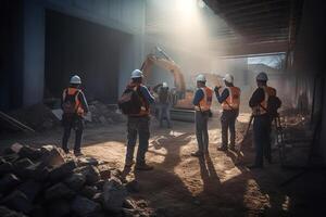 groep van Bouwers werken Bij bouw plaats door nemen afbeeldingen van de terug met generatief ai foto