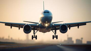 de vlak is nemen uit van de luchthaven in de ochtend- met een blauw lucht met generatief ai foto