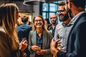 gelukkig mensen pratend naar verschillend mensen Bij een evenement in helder kleuren conferentie kamer met generatief ai foto