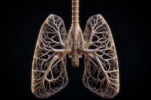 longen skelet- structuur Aan zwart achtergrond met generatief ai foto
