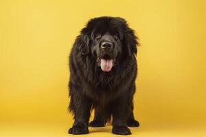 Newfoundland hond Aan geel achtergrond. generatief ai. foto