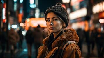 een vrouw staat in een straat Bij nacht vervelend een hoed en een bruin jasje. ai gegenereerd foto