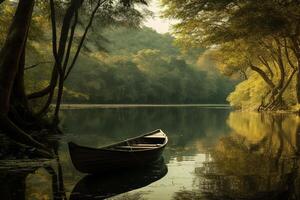 een boot Aan een meer met een boom in de achtergrond. ai gegenereerd foto