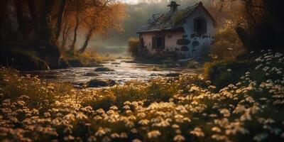 een huis in een veld- van bloemen. ai gegenereerd foto