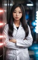 wetenschapper onderzoeker Aziatisch vrouw vervelend laboratorium jas Bij laboratorium, generatief ai foto