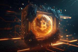 bitcoin achtergrond met brand effect en netwerk verbinding gegenereerd door ai foto