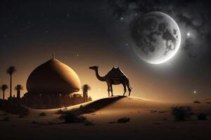 Islamitisch achtergrond met kameel, melkachtig manier en maan ornament. generatief ai. foto