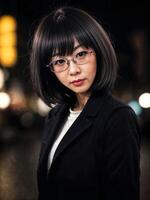 portret van mooi Aziatisch vrouw in gewoontjes kleding Bij nacht, generatief ai foto