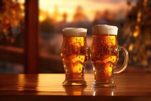 pint Aan een houten tafel in de gouden licht van een zomer zonsondergang met generatief ai foto